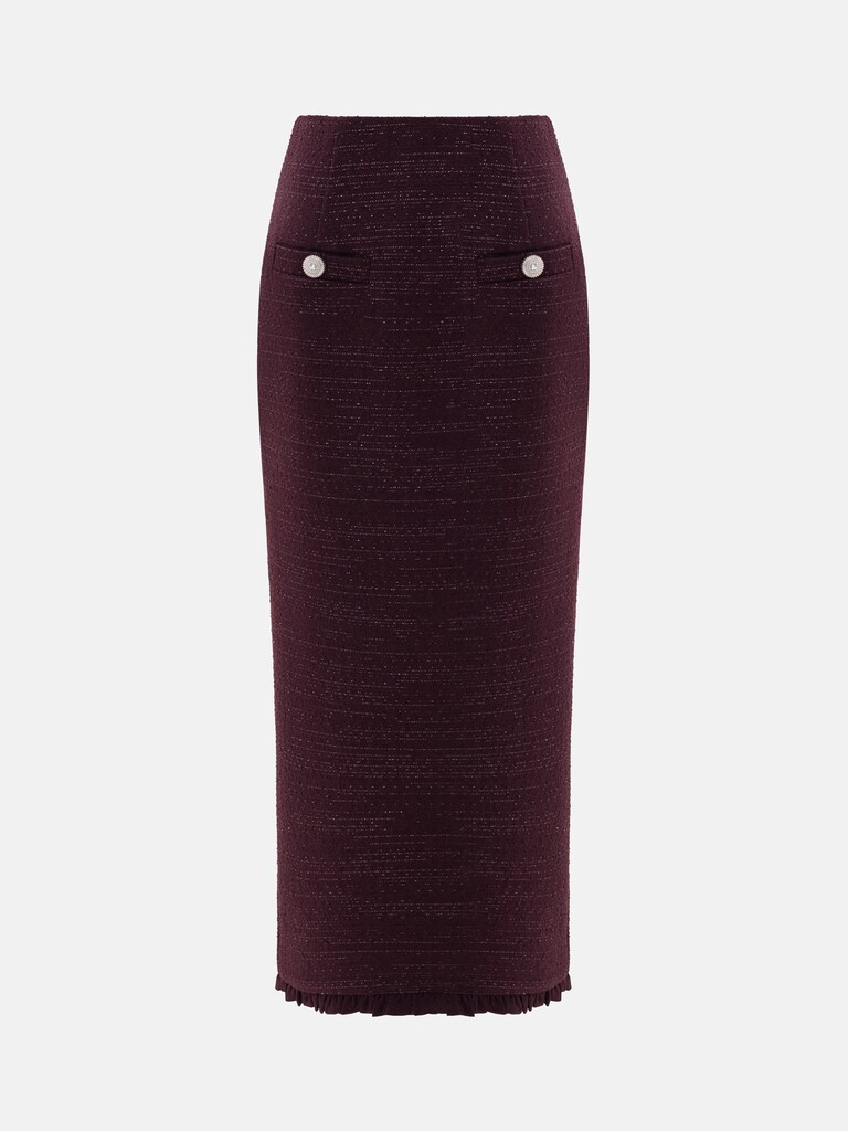 Straight-cut tweed midi skirt with ruffles