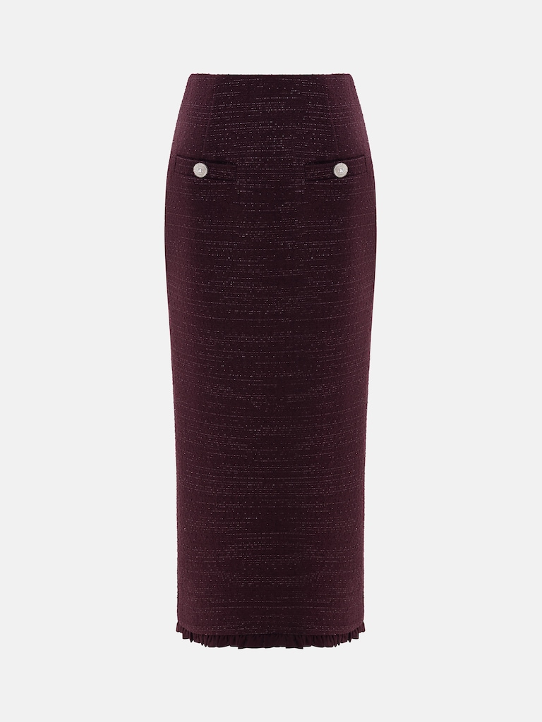 Straight-cut tweed midi skirt with ruffles