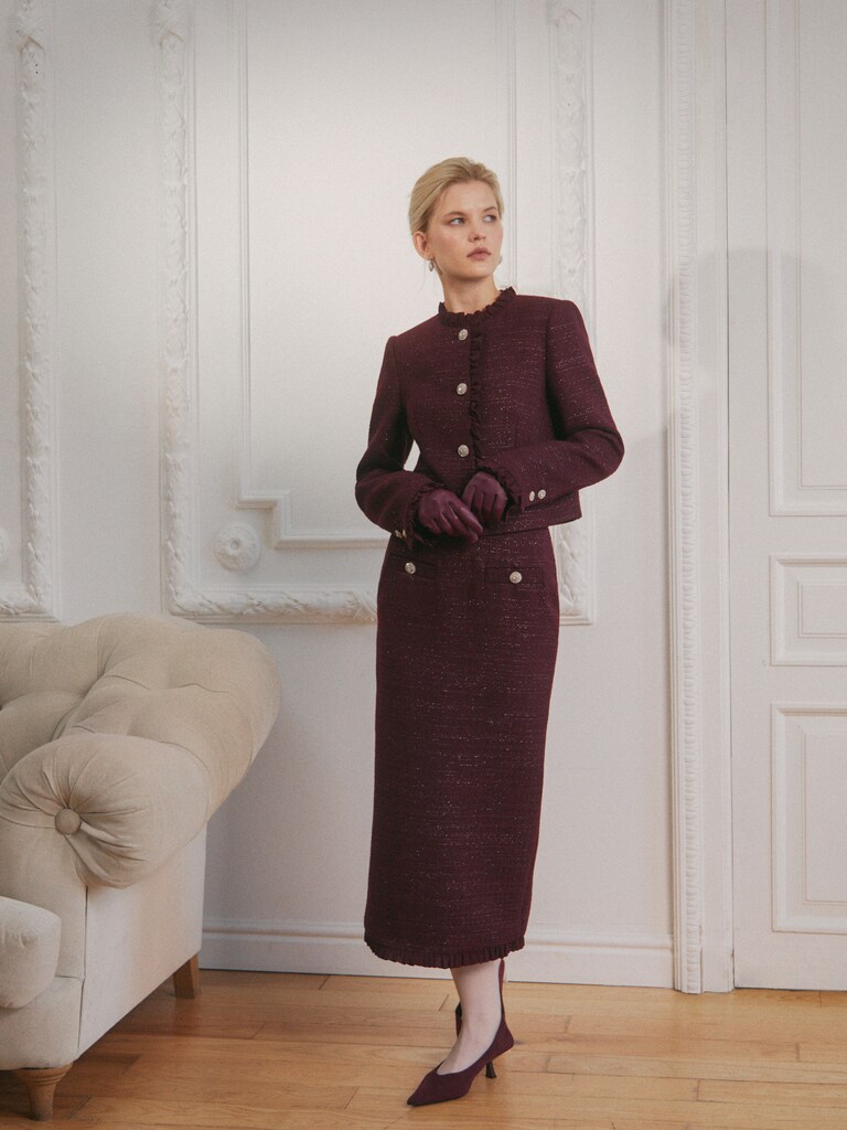 Straight-cut tweed midi skirt with ruffles