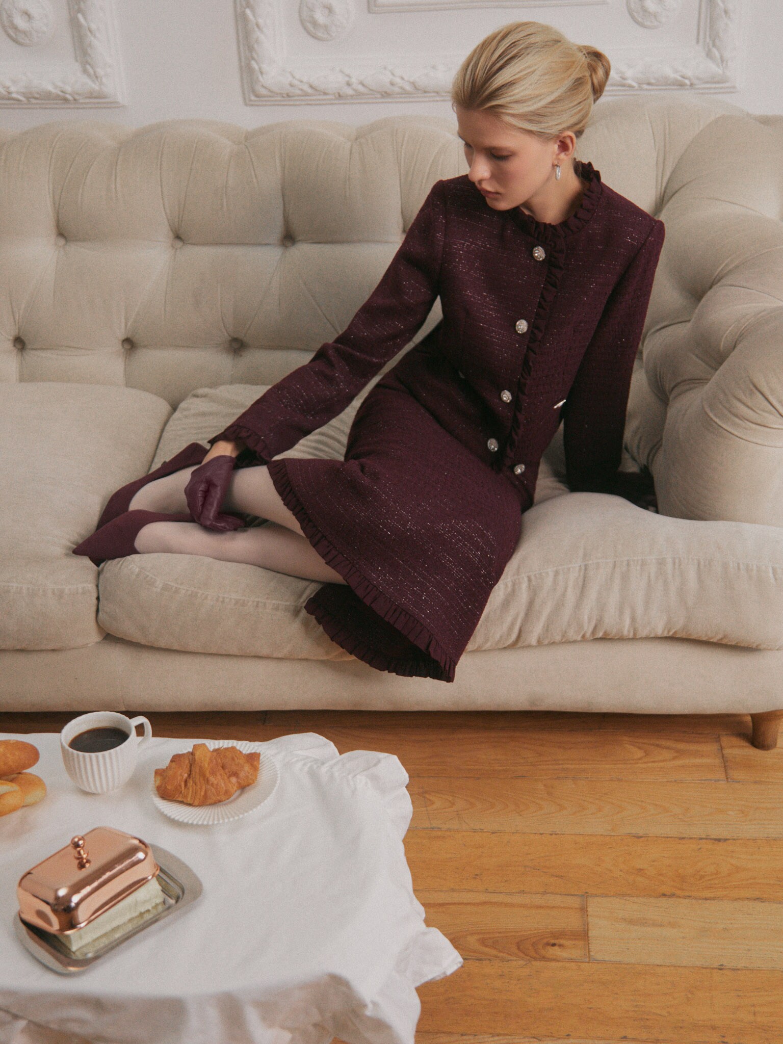 Straight-cut tweed midi skirt with ruffles