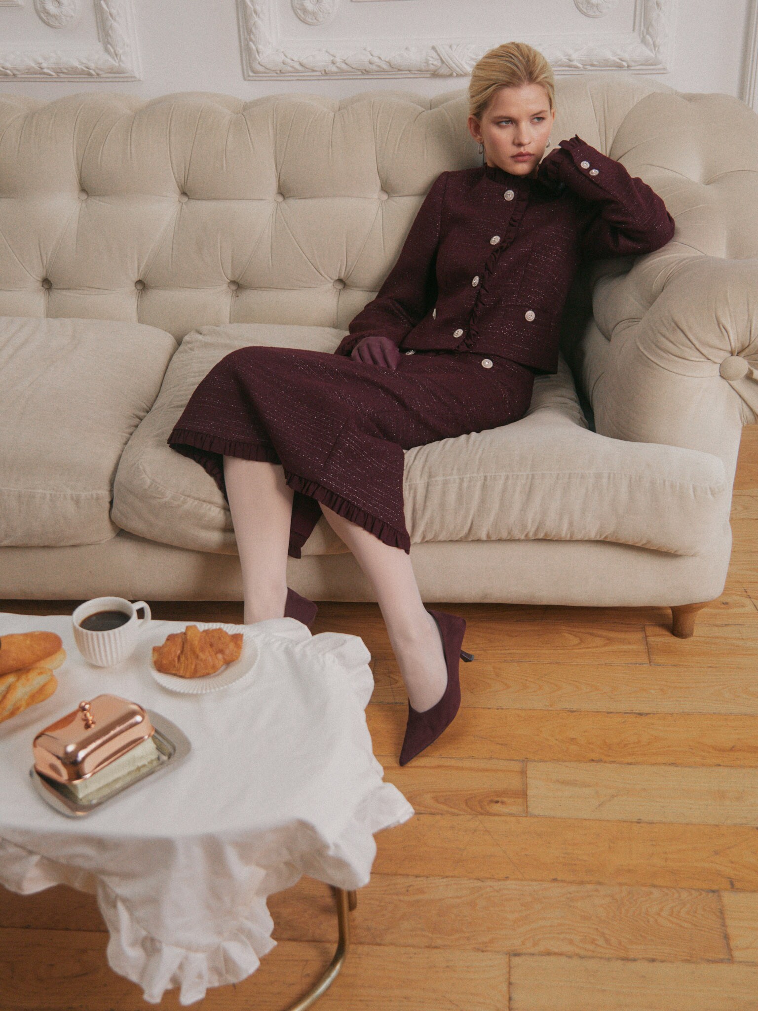 Straight-cut tweed midi skirt with ruffles