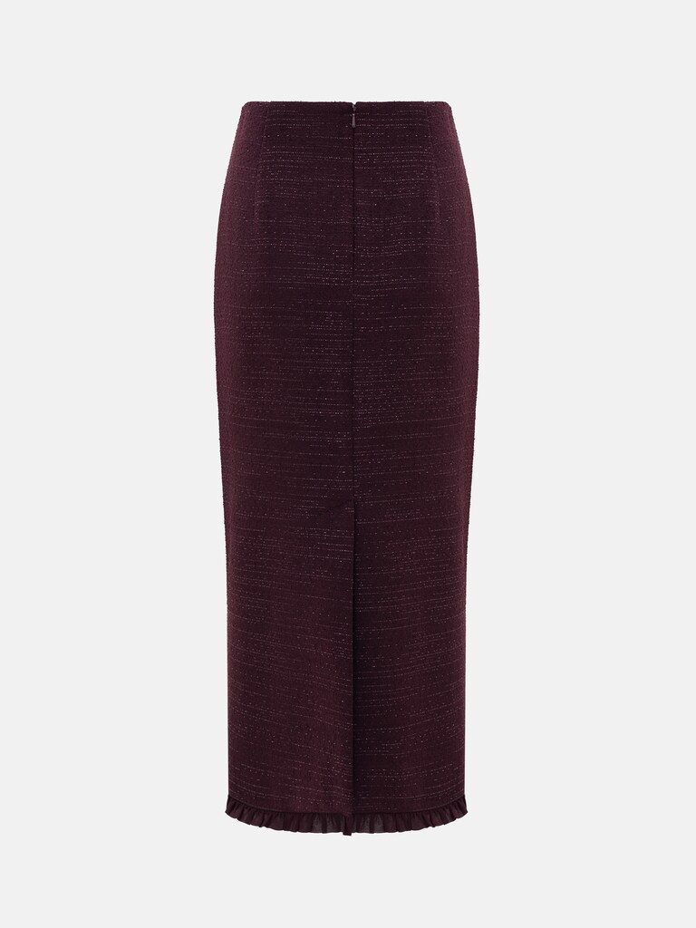 Straight-cut tweed midi skirt with ruffles