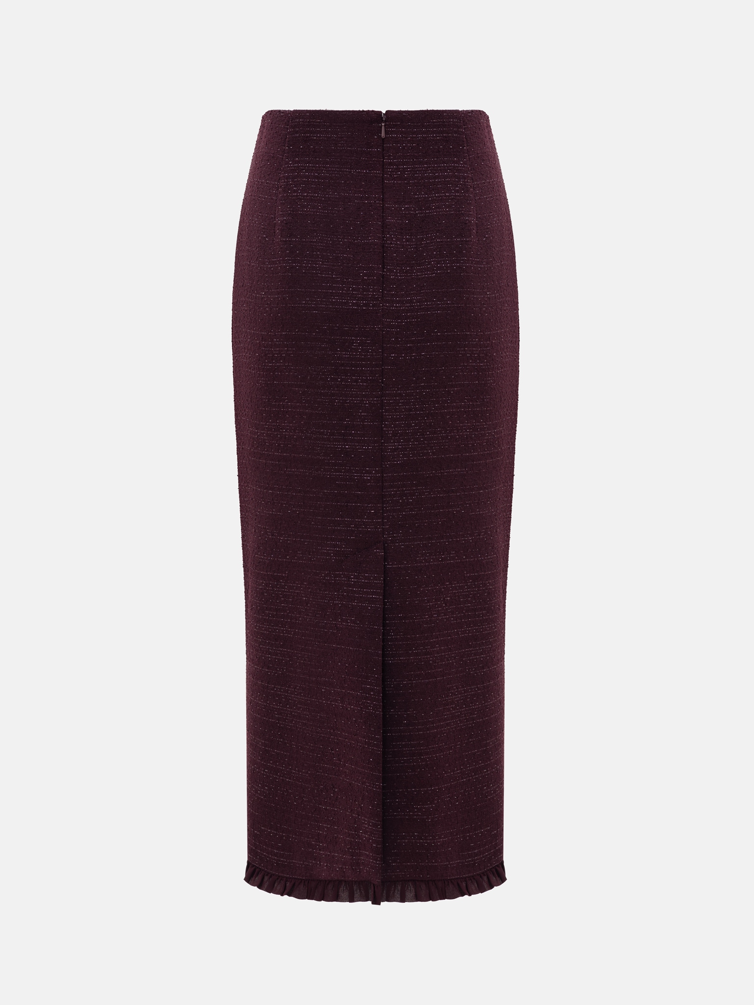 Straight-cut tweed midi skirt with ruffles