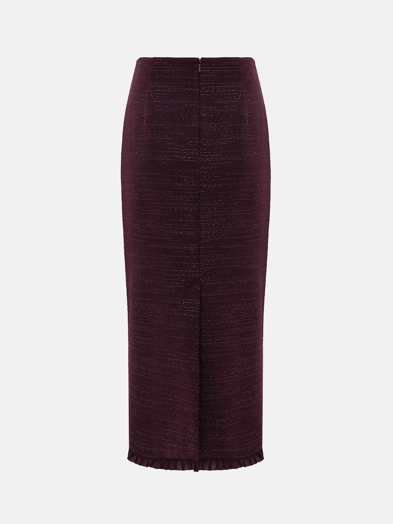 Straight-cut tweed midi skirt with ruffles