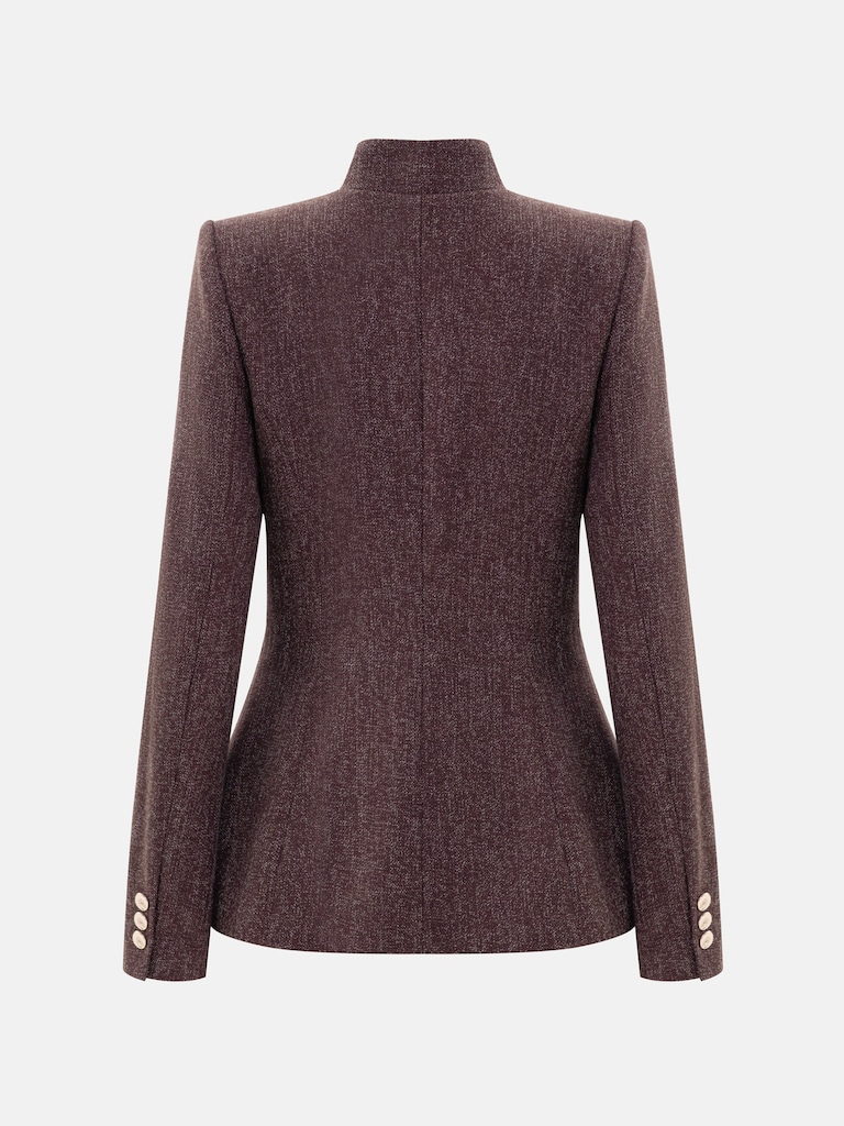 Long jacket in textured fabric with stand-up collar