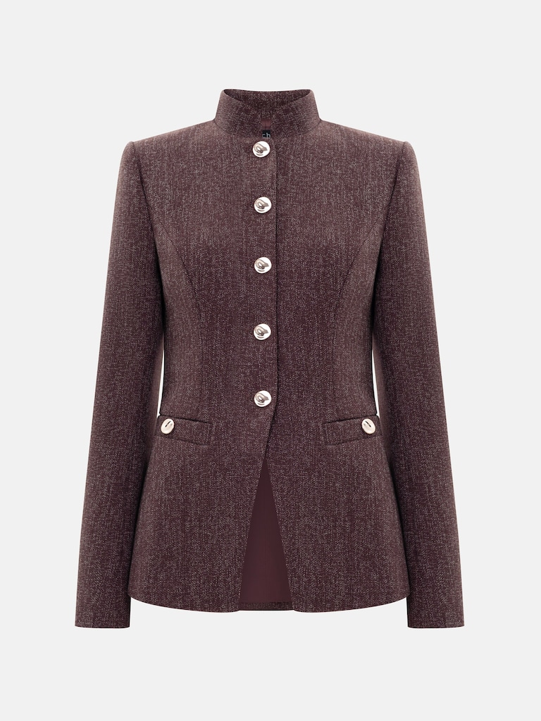 Long jacket in textured fabric with stand-up collar
