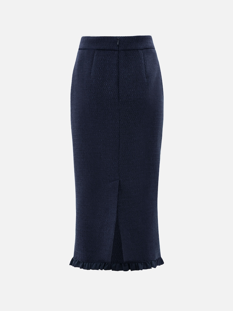 Straight-cut tweed midi skirt with ruffles