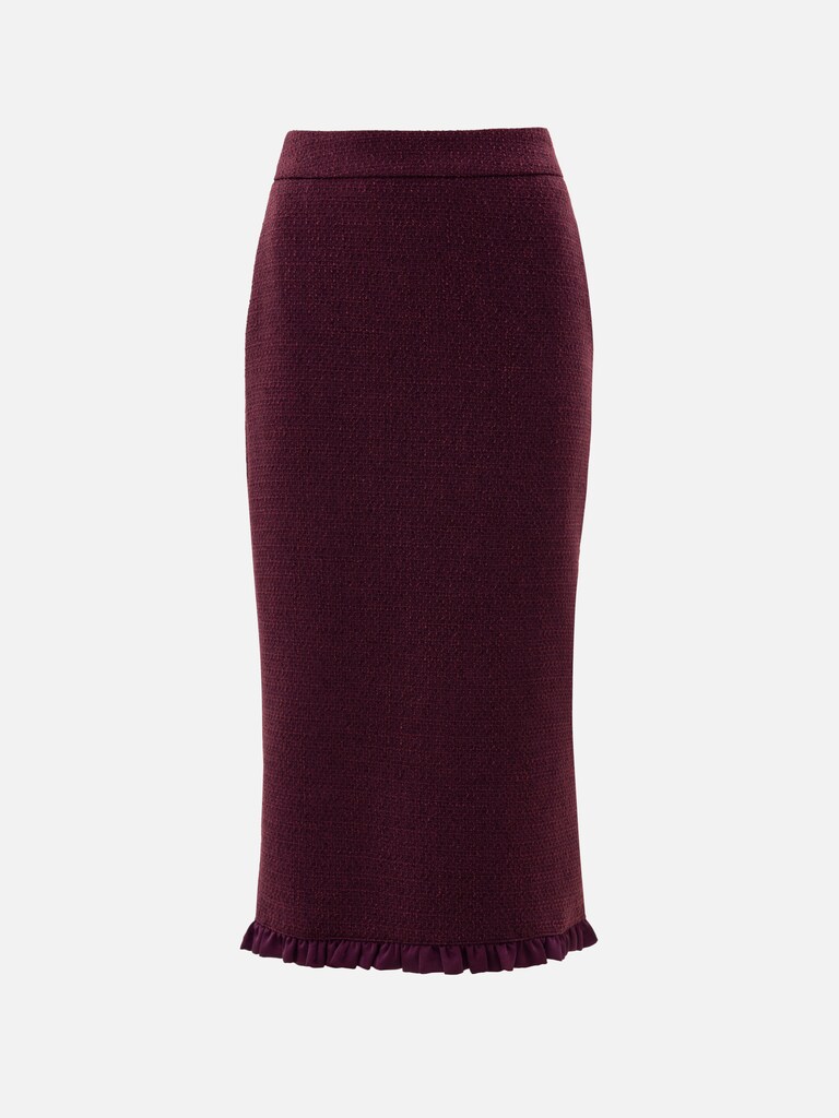 Straight-cut tweed midi skirt with ruffles
