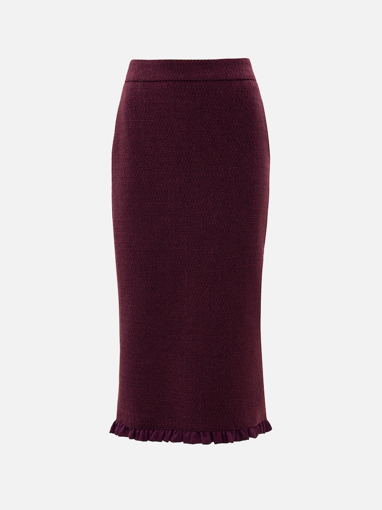 Straight-cut tweed midi skirt with ruffles
