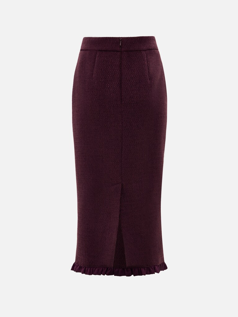 Straight-cut tweed midi skirt with ruffles