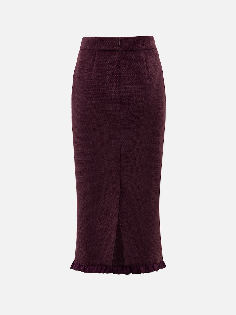 Straight-cut tweed midi skirt with ruffles