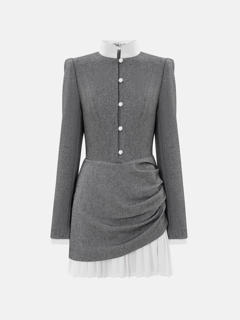 Mini dress with a pleated skirt and pearl buttons