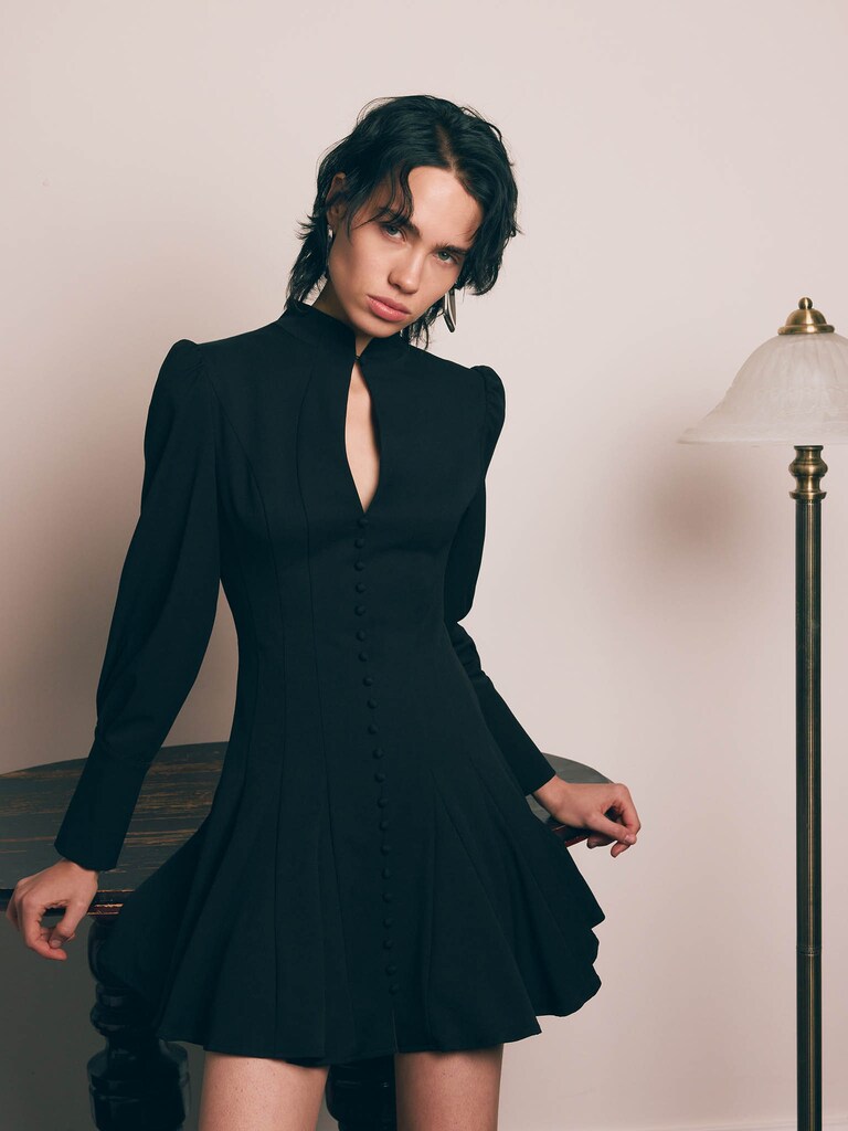 Fitted mini dress with shaped neckline and small buttons