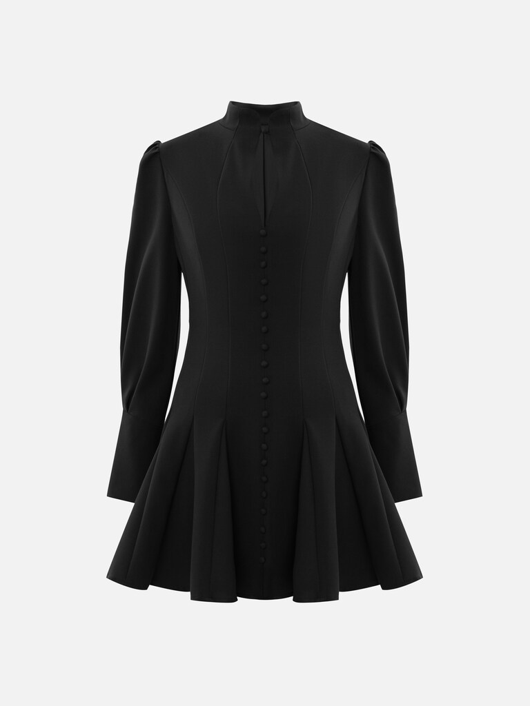 Fitted mini dress with shaped neckline and small buttons