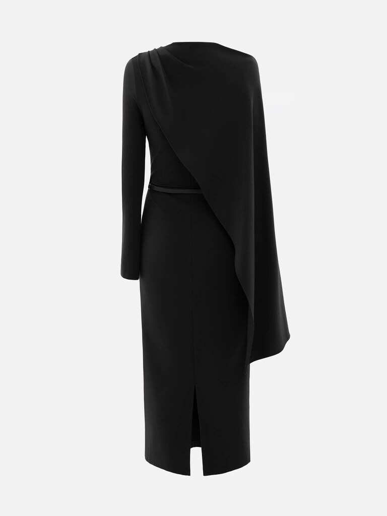 Maxi dress with asymmetrical cape and matching belt