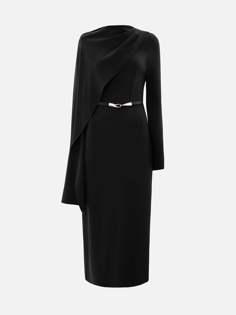 Maxi dress with asymmetrical cape and matching belt