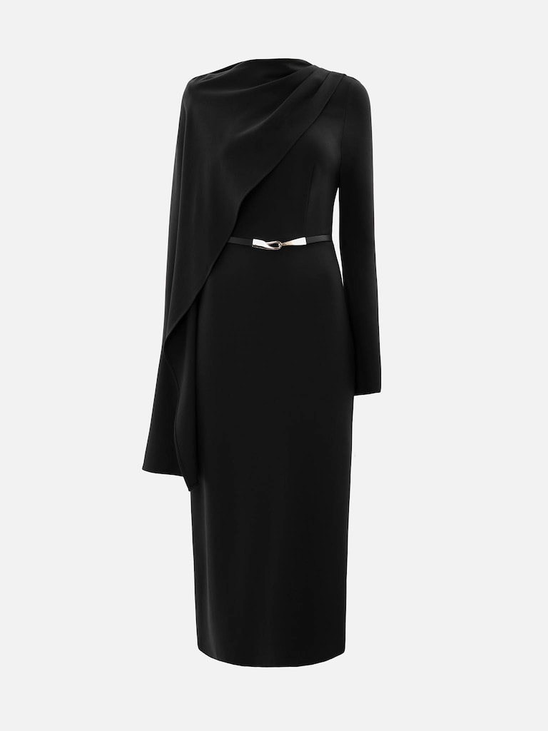 Maxi dress with asymmetrical cape and matching belt