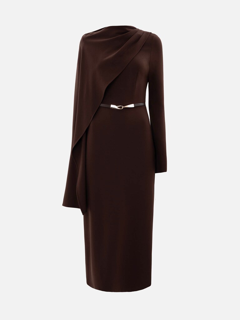 Maxi dress with asymmetrical cape and matching belt