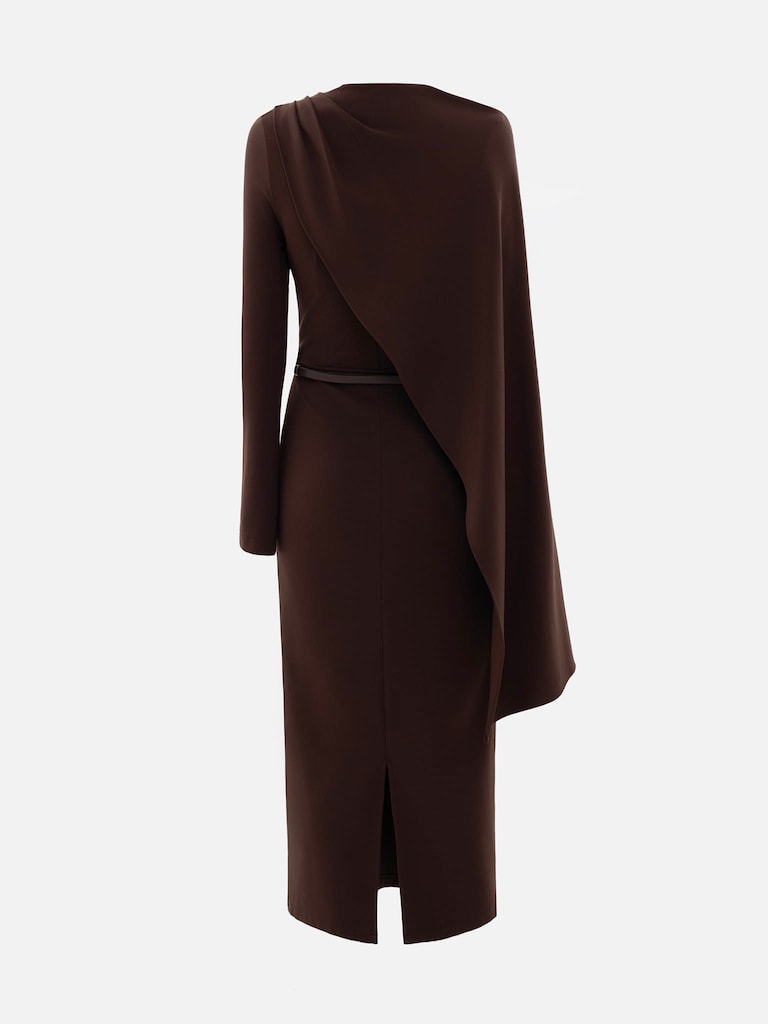 Maxi dress with asymmetrical cape and matching belt