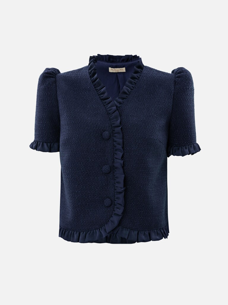 Straight-cut tweed blouse with ruffles