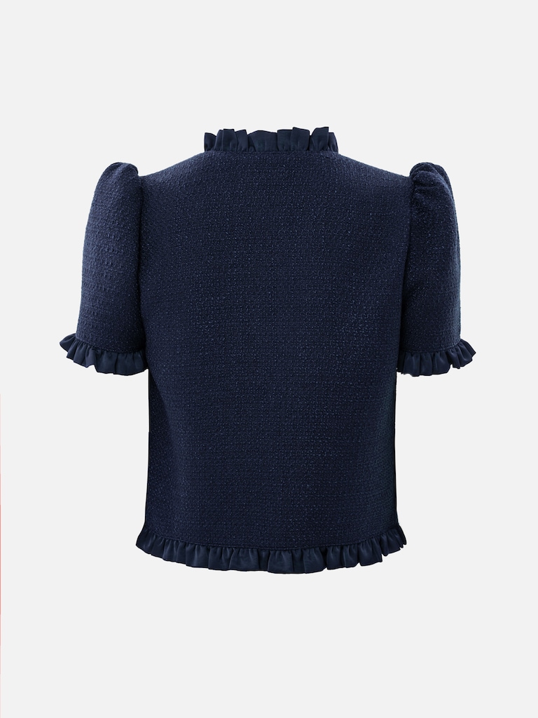 Straight-cut tweed blouse with ruffles
