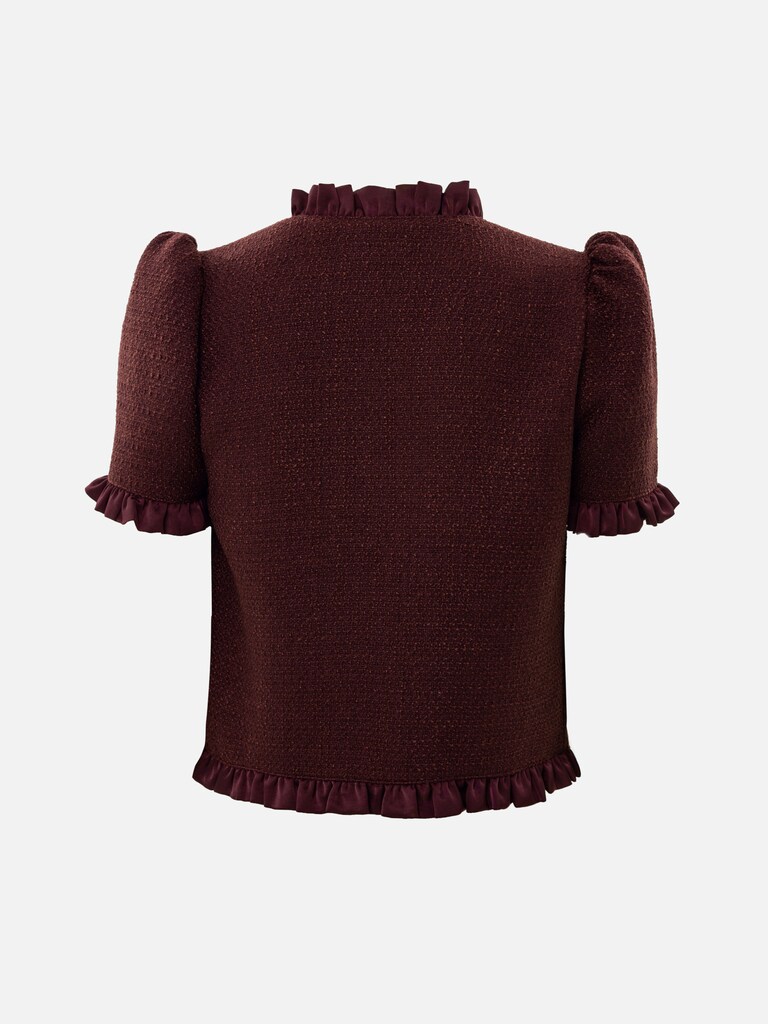 Straight-cut tweed blouse with ruffles