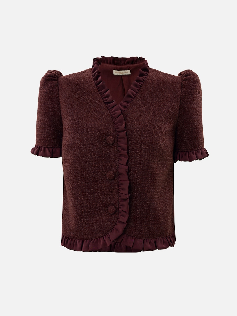 Straight-cut tweed blouse with ruffles