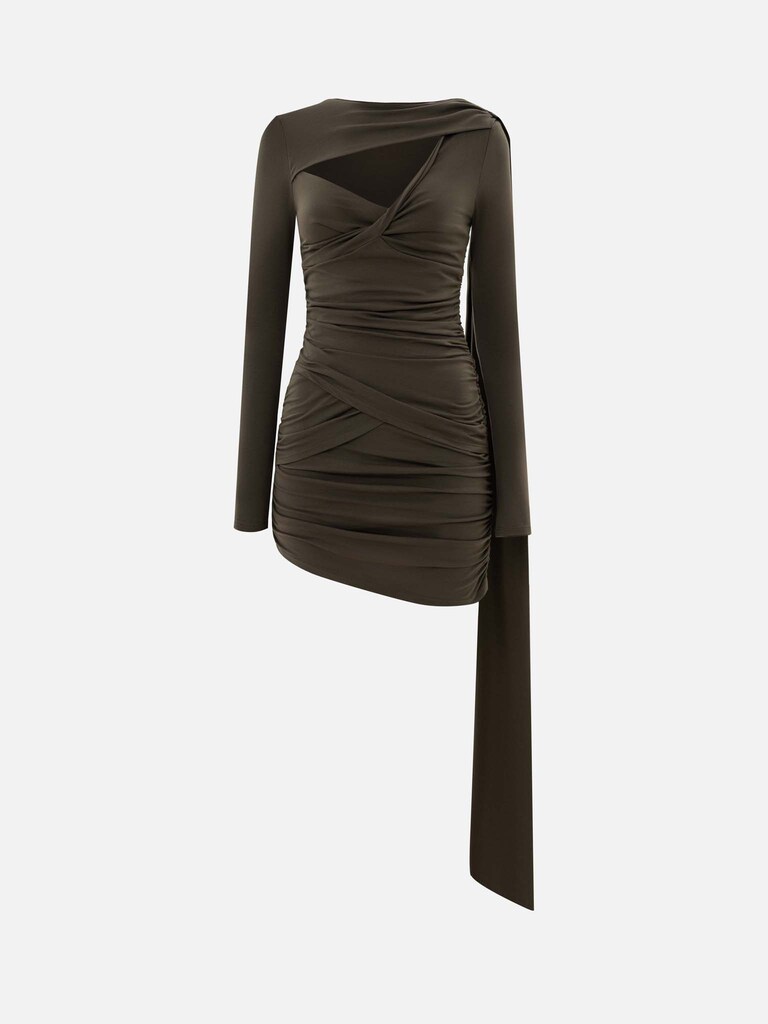 Knitted mini dress with asymmetrical pleats and decorative scarf