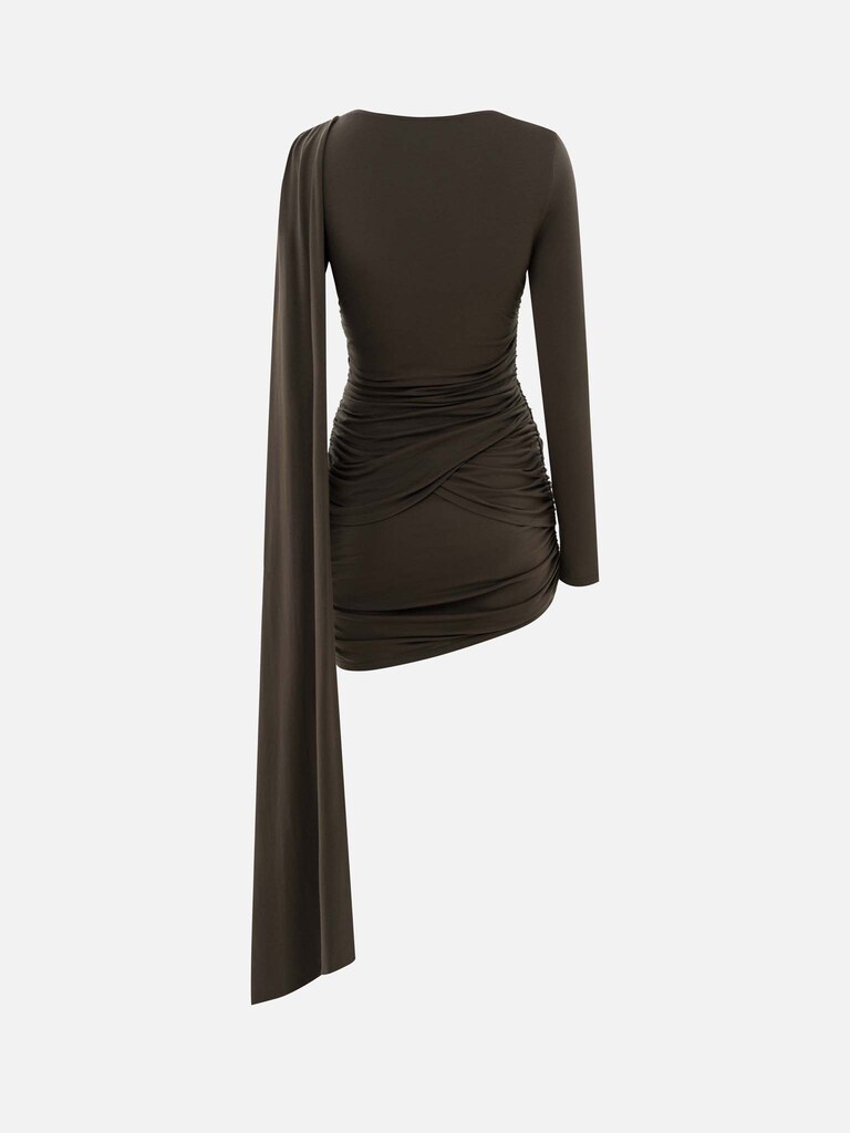 Knitted mini dress with asymmetrical pleats and decorative scarf