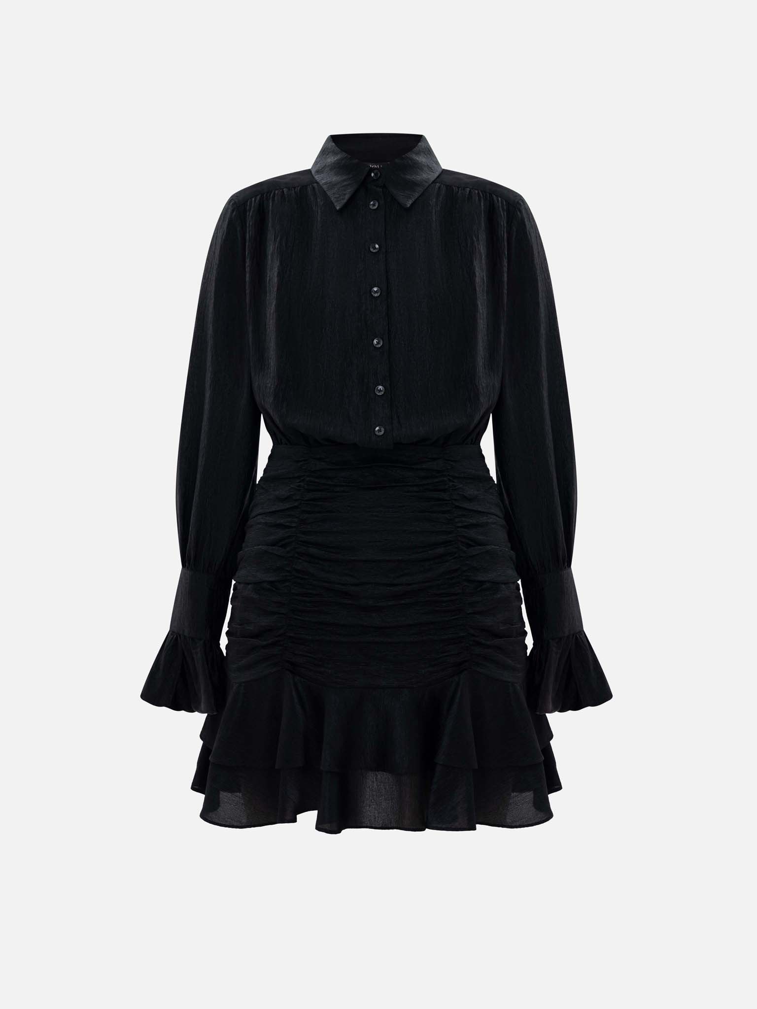 Платье мини со сборками на юбке и мелкими пуговицами в тон