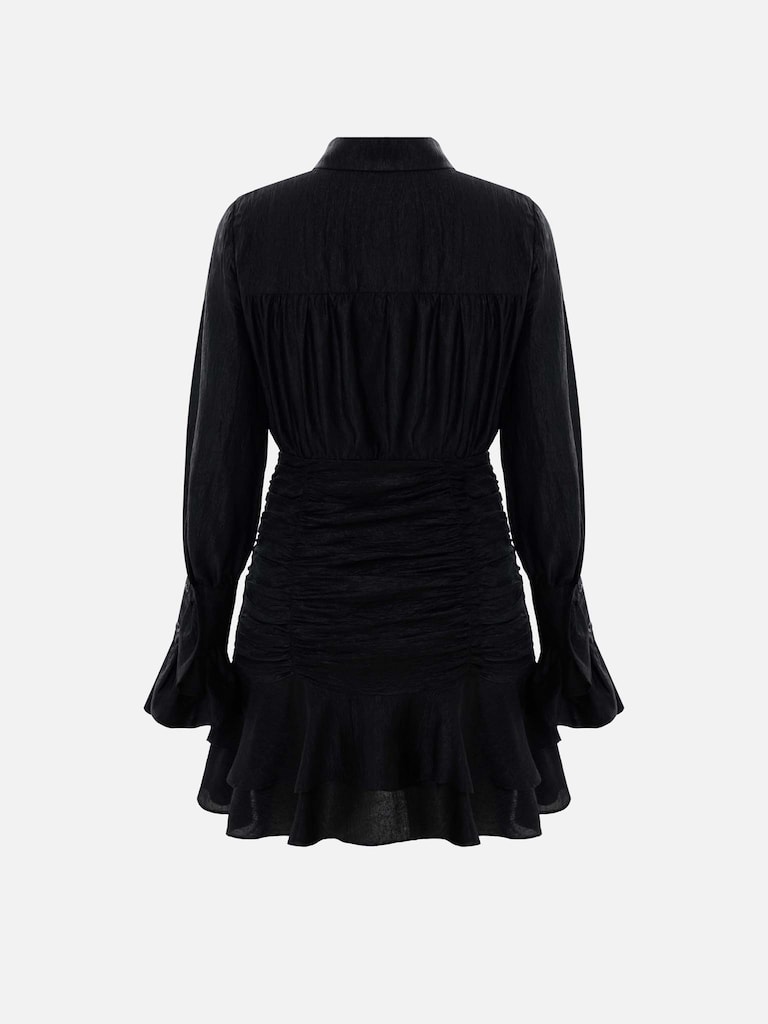 Sukienka mini z marszczeniami na spódnicy i małymi guzikami w tym samym kolorze