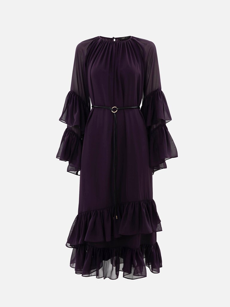 Chiffon midi dress with voluminous ruffles and eco-leather belt