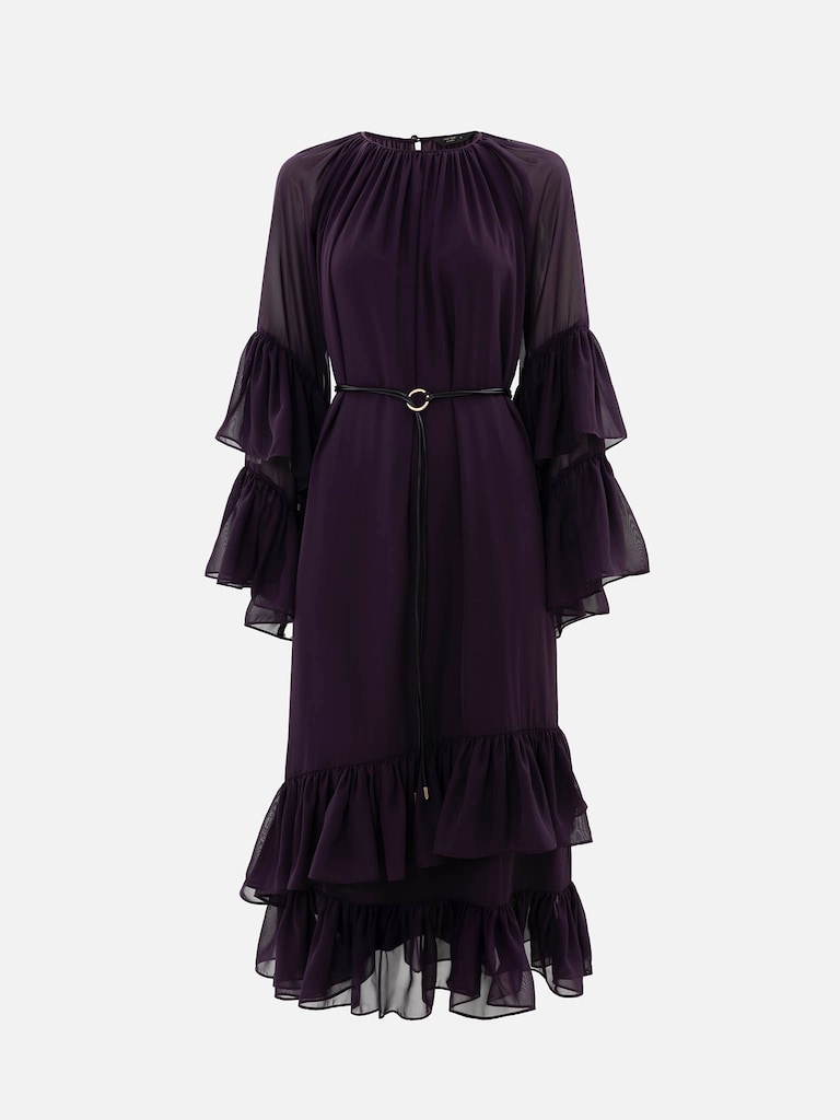 Платье миди из шифона с объемными воланами и ремнем из экокожи