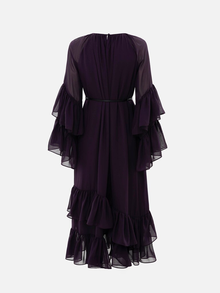 Chiffon midi dress with voluminous ruffles and eco-leather belt