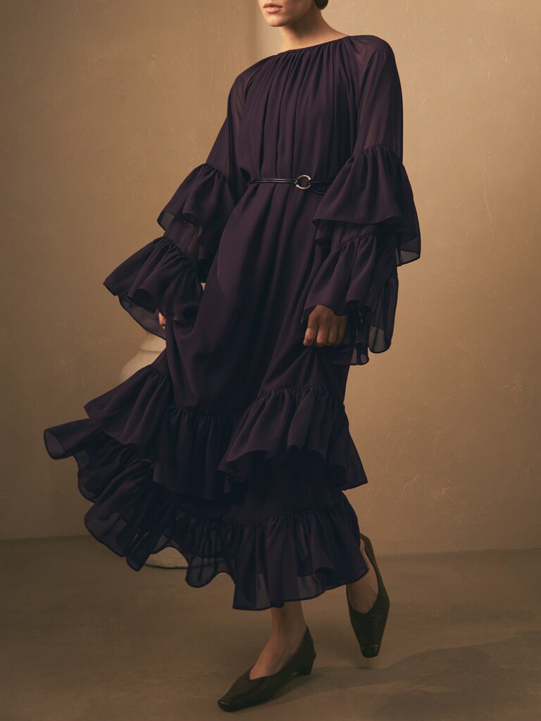 Chiffon midi dress with voluminous ruffles and eco-leather belt