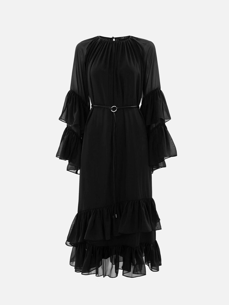 Chiffon midi dress with voluminous ruffles and eco-leather belt