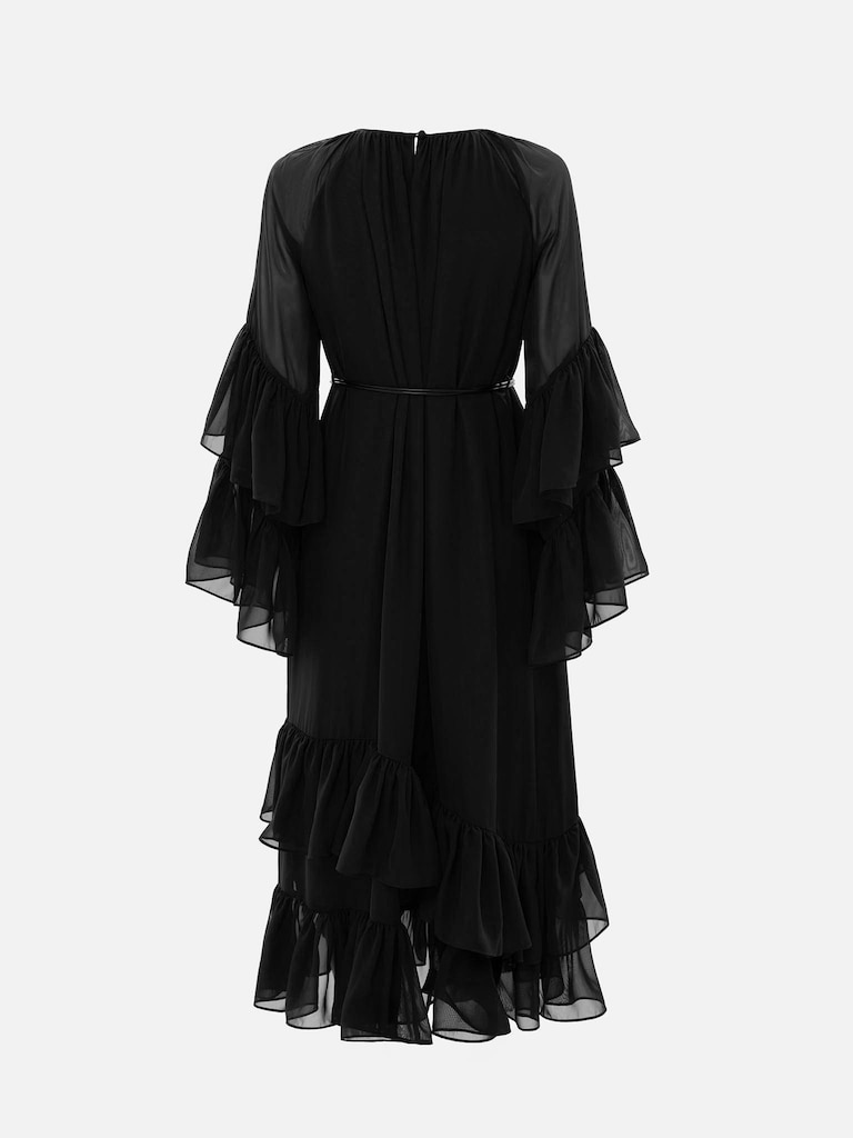 Robe midi en mousseline de soie avec volants volumineux et ceinture en similicuir