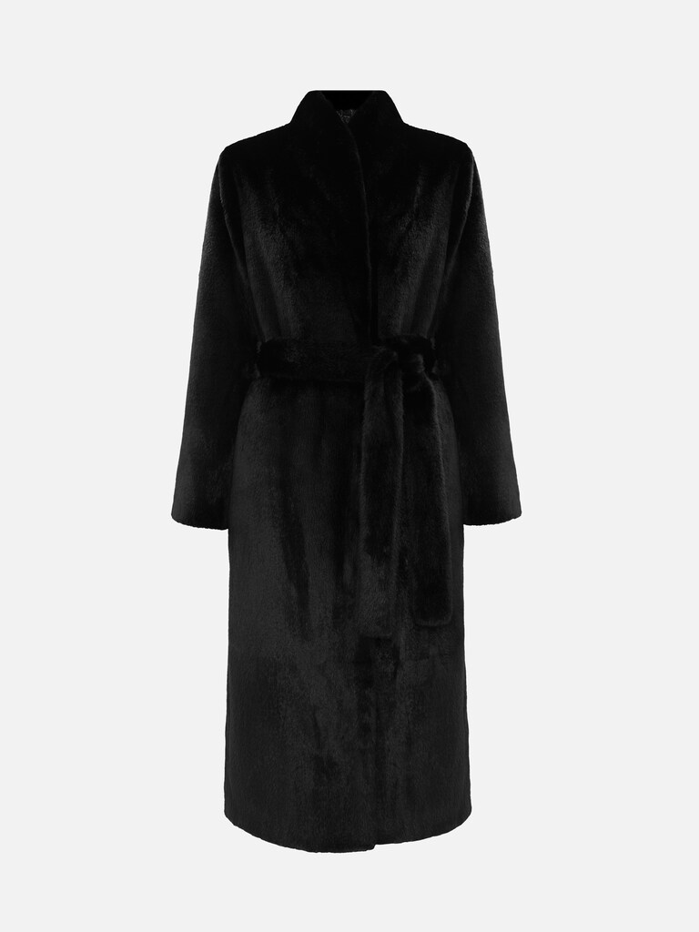Maxi eco-fur coat with a high collar and matching belt