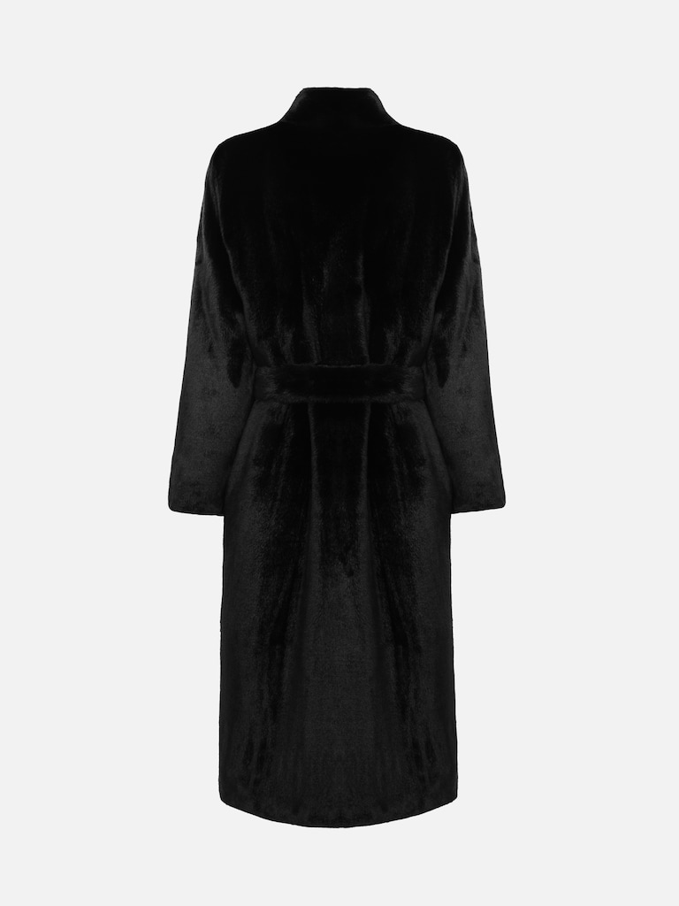 Maxi eco-fur coat with a high collar and matching belt