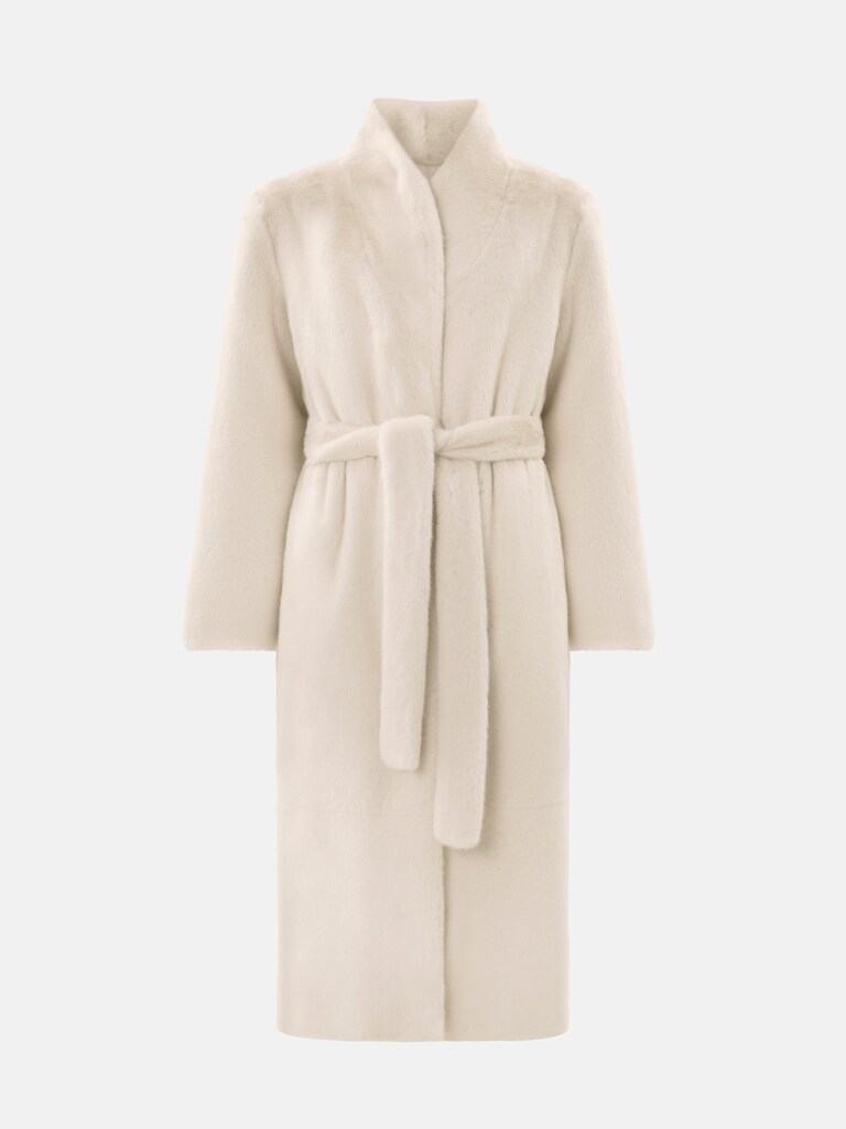 Maximantel aus Eco-Pelz mit hohem Kragen und passendem Gürtel