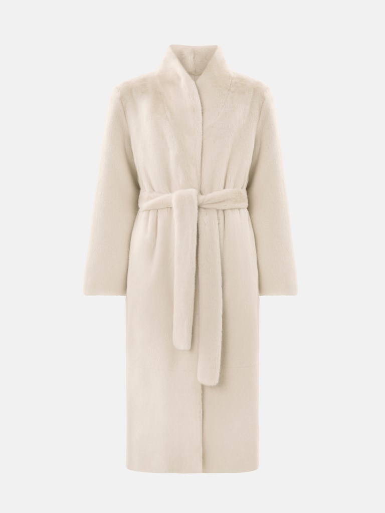 Maxi manteau en éco-fourrure avec col montant et ceinture assortie