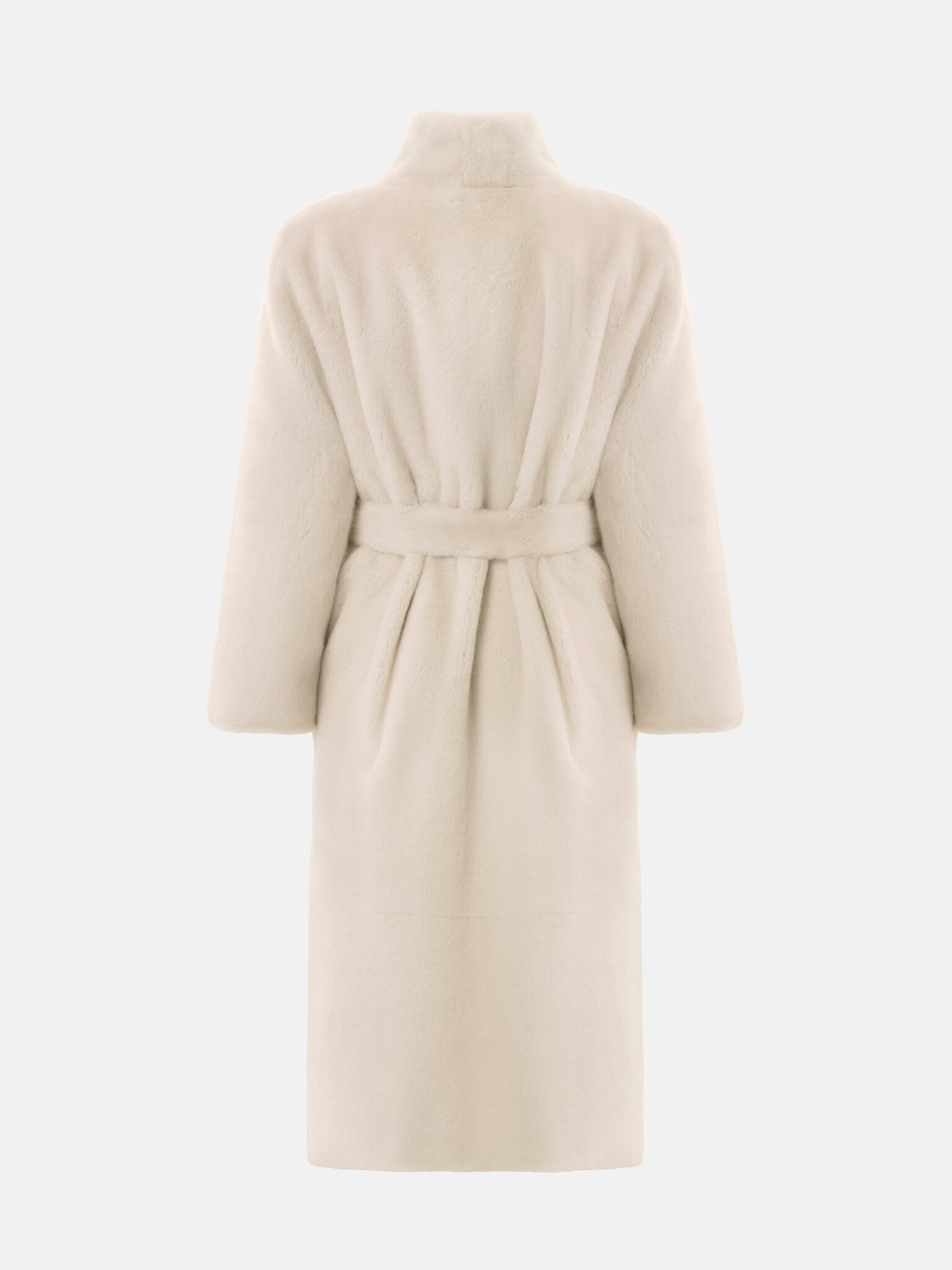 Maxi eco-fur coat with a high collar and matching belt
