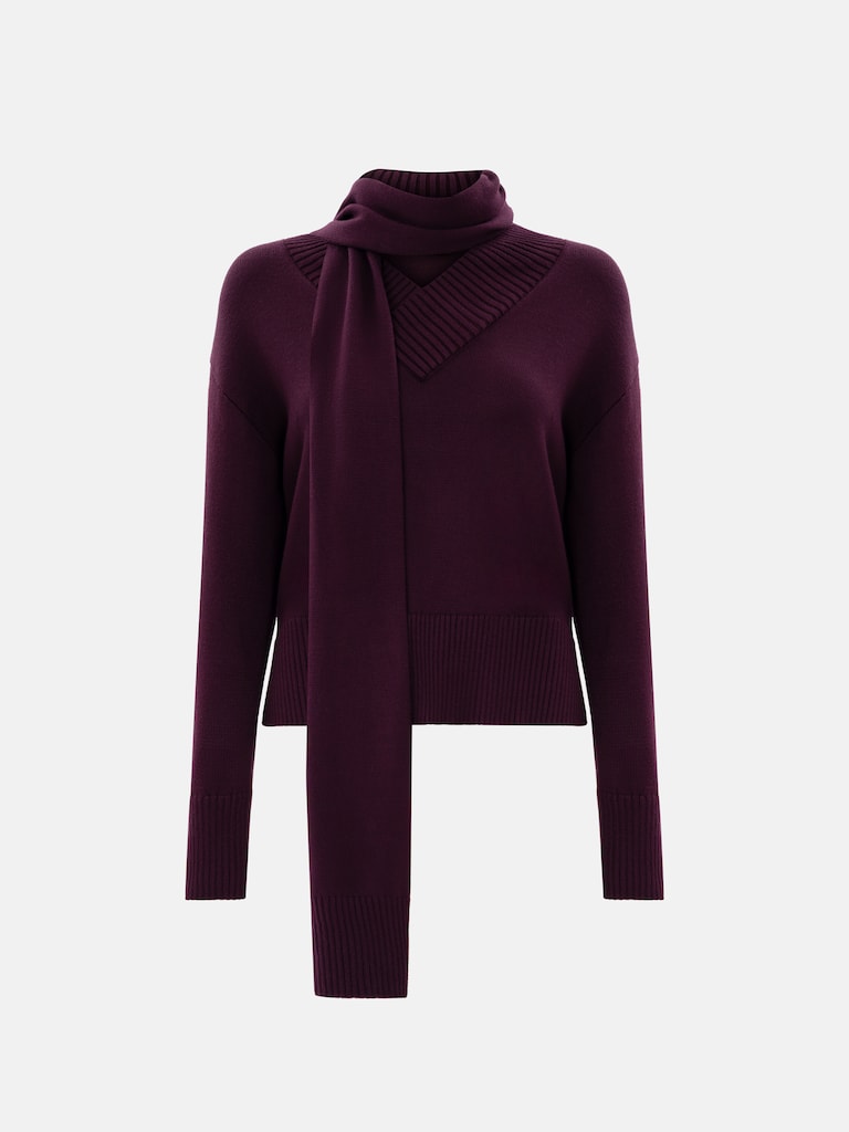 Dzianinowy sweter z szalikiem w tym samym kolorze