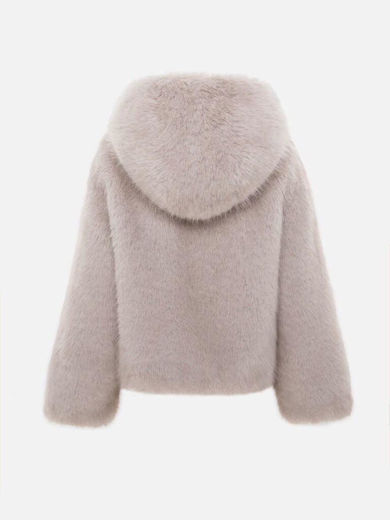Kurzer Mantel aus Eco-Pelz mit Reißverschluss und Kapuze