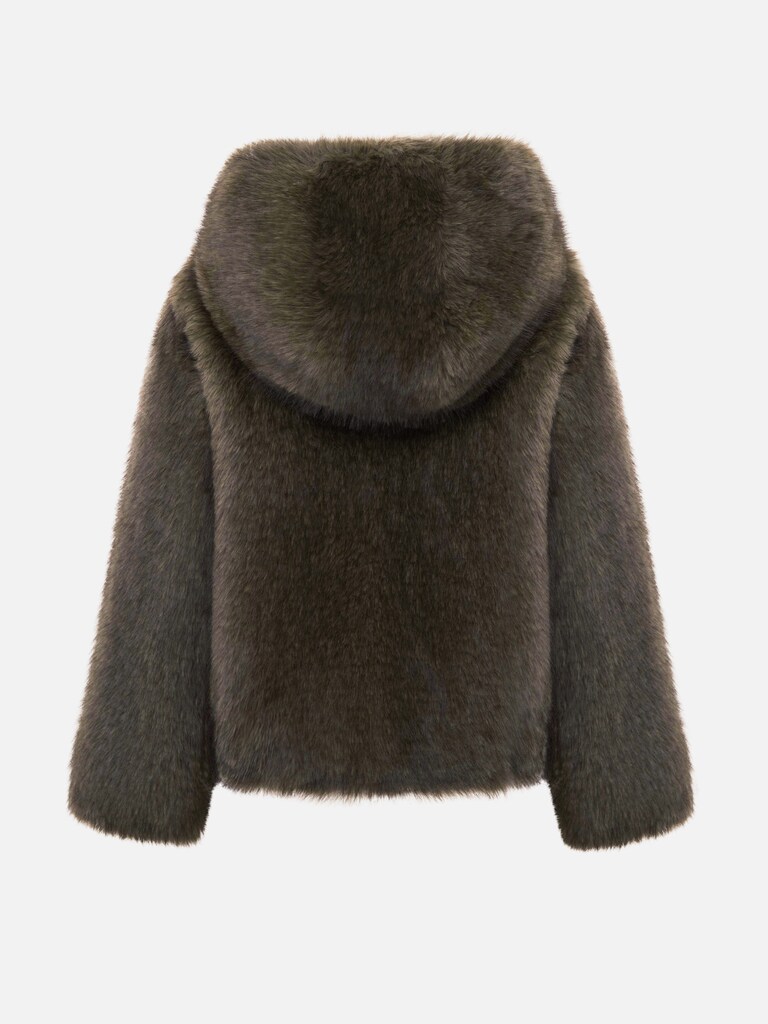 Kurzer Mantel aus Eco-Pelz mit Reißverschluss und Kapuze