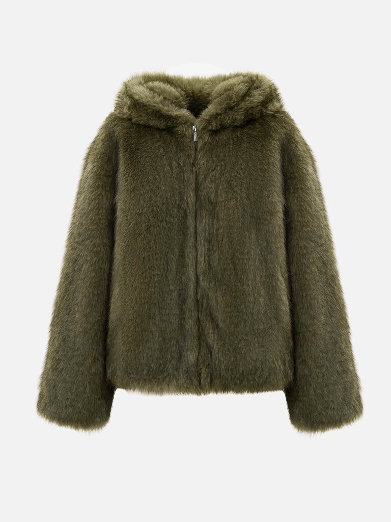 Short eco-fur coat with a zip and a hood