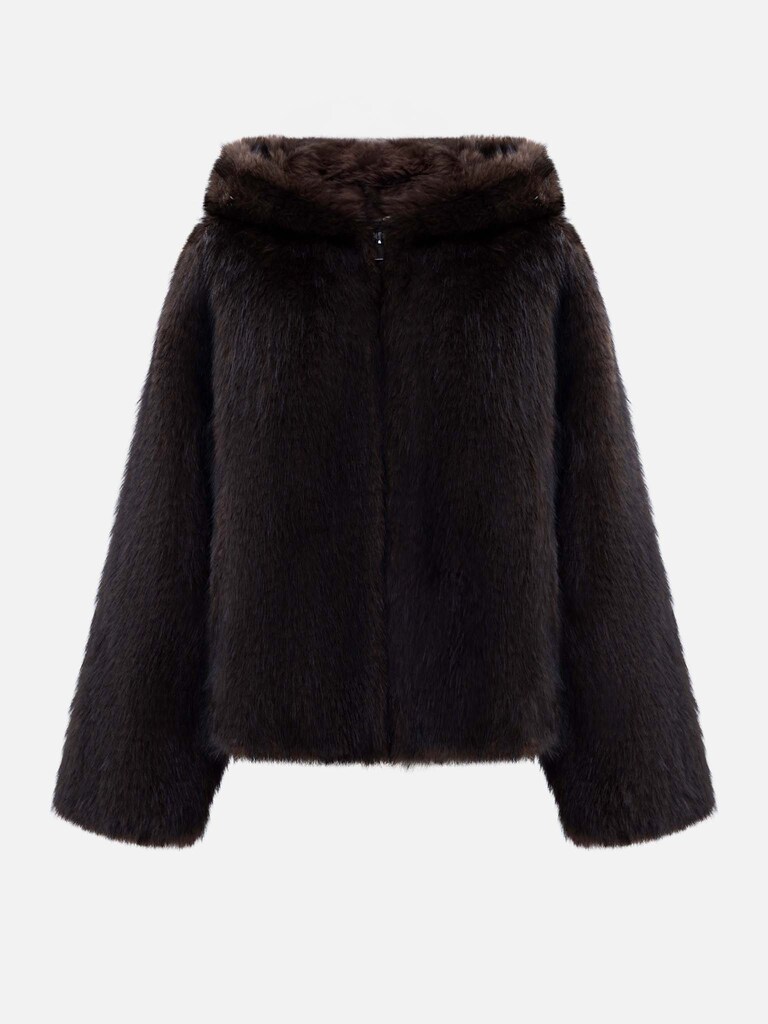 Kurzer Mantel aus Eco-Pelz mit Reißverschluss und Kapuze