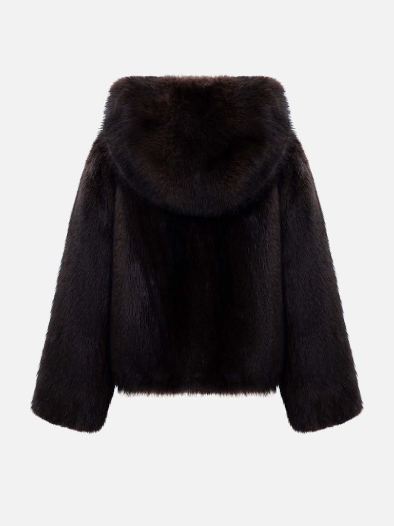 Kurzer Mantel aus Eco-Pelz mit Reißverschluss und Kapuze