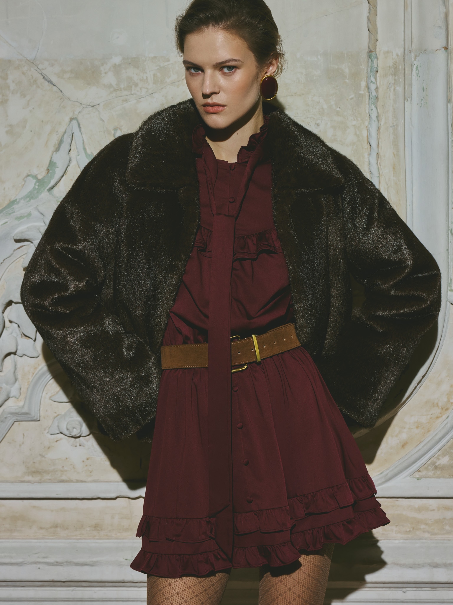 Short straight eco-fur coat with triangular collar