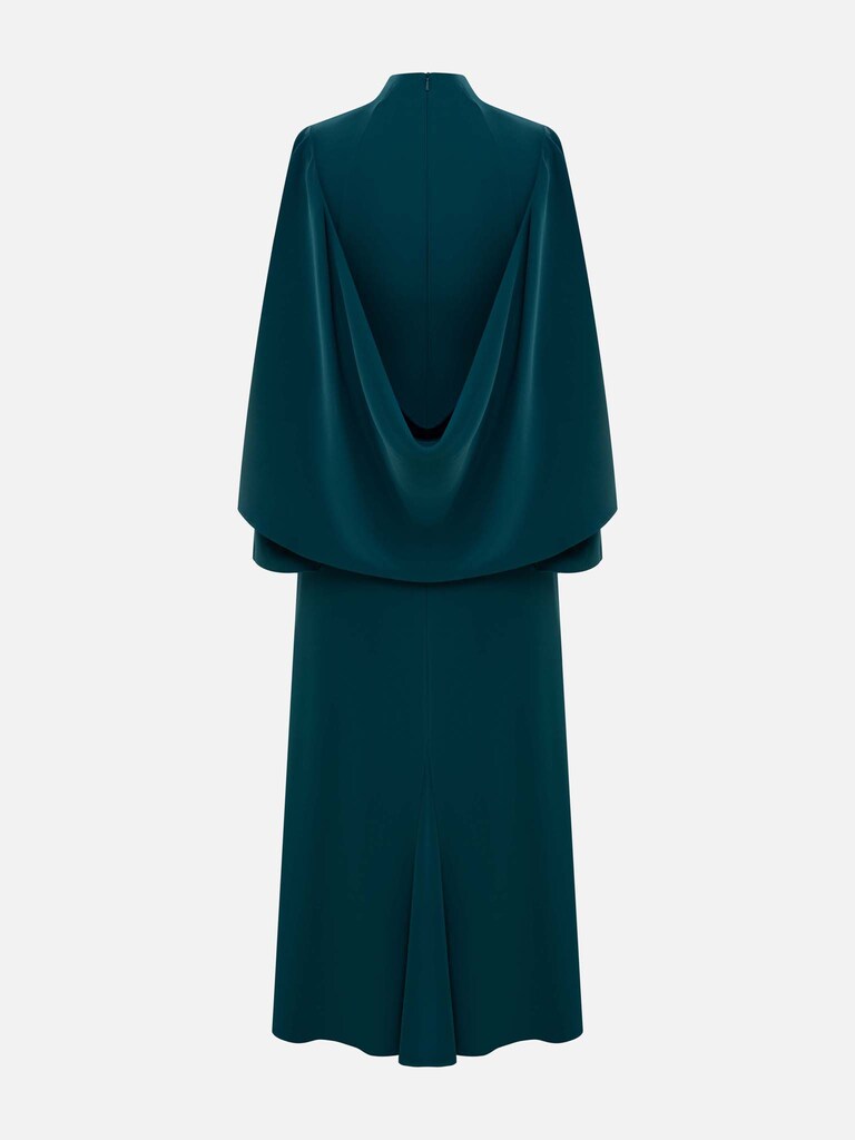 Maxi dress with high collar and draped bodice